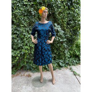 50s Satin Brocade Dress Blue/Green Botanical Print Bombshell 1/2 Sleeve S/M